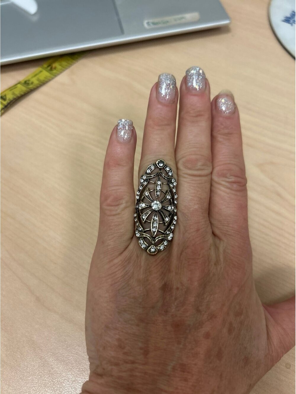 Vintage-inspired, silver-tone filigree statement cocktail ring